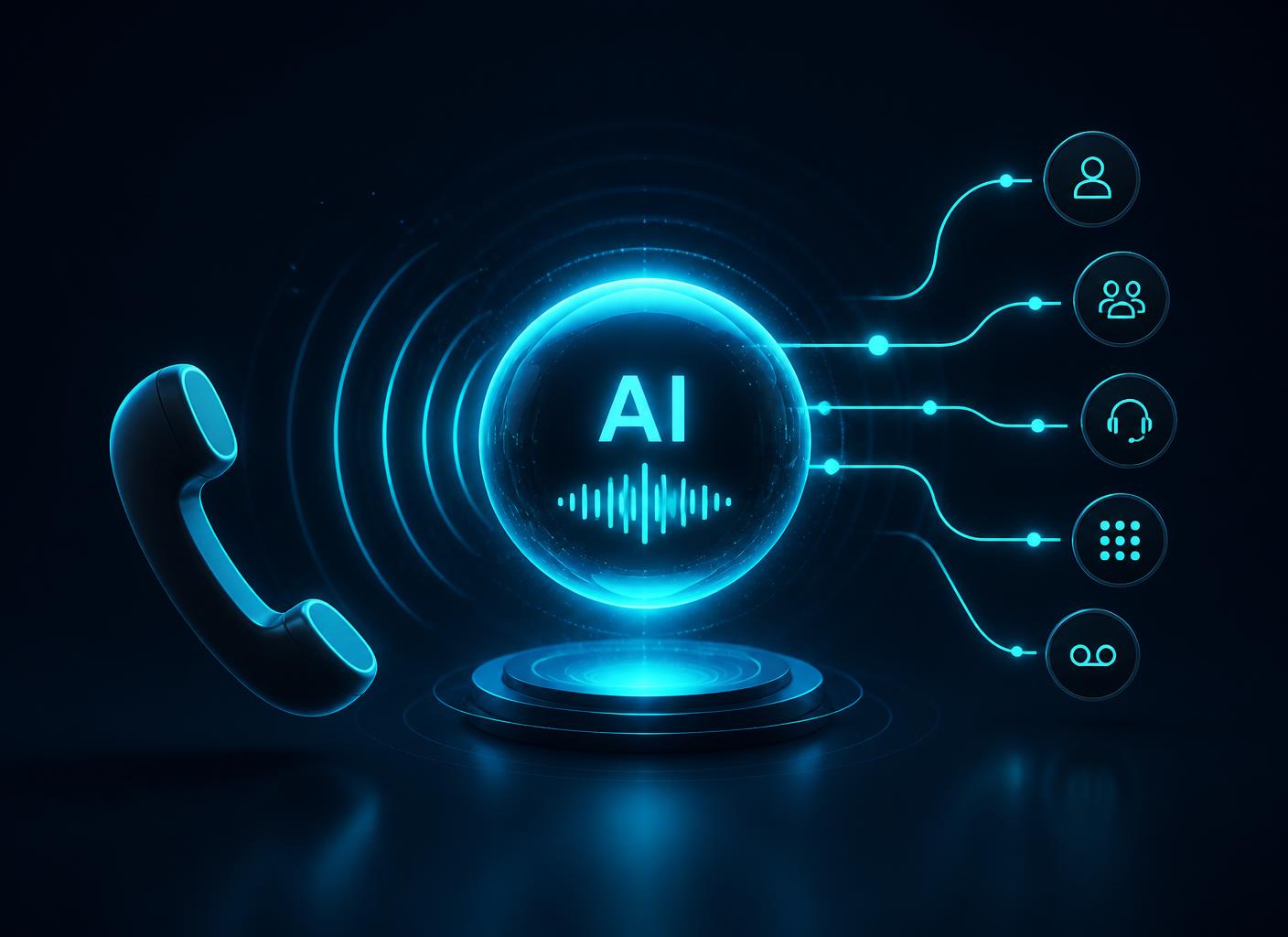 Illustration eines KI-Telefonassistenten mit Sprachwellen und Anrufweiterleitung